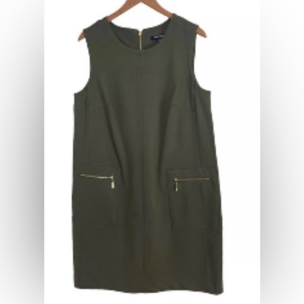 18W Sharagano Green Sheath Dress with Exposed Zippers on Front Pockets NWT